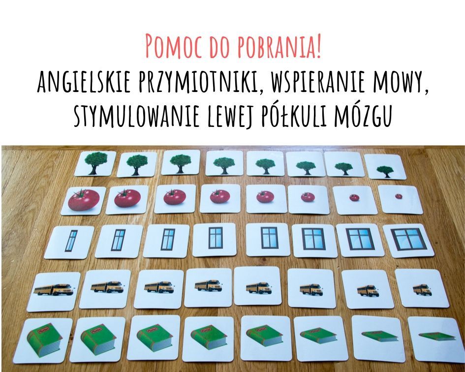 Free printable - ćwiczymy angielskie przymiotniki opisujące wielkość. Lewa półkula mózgu w nauce języków.